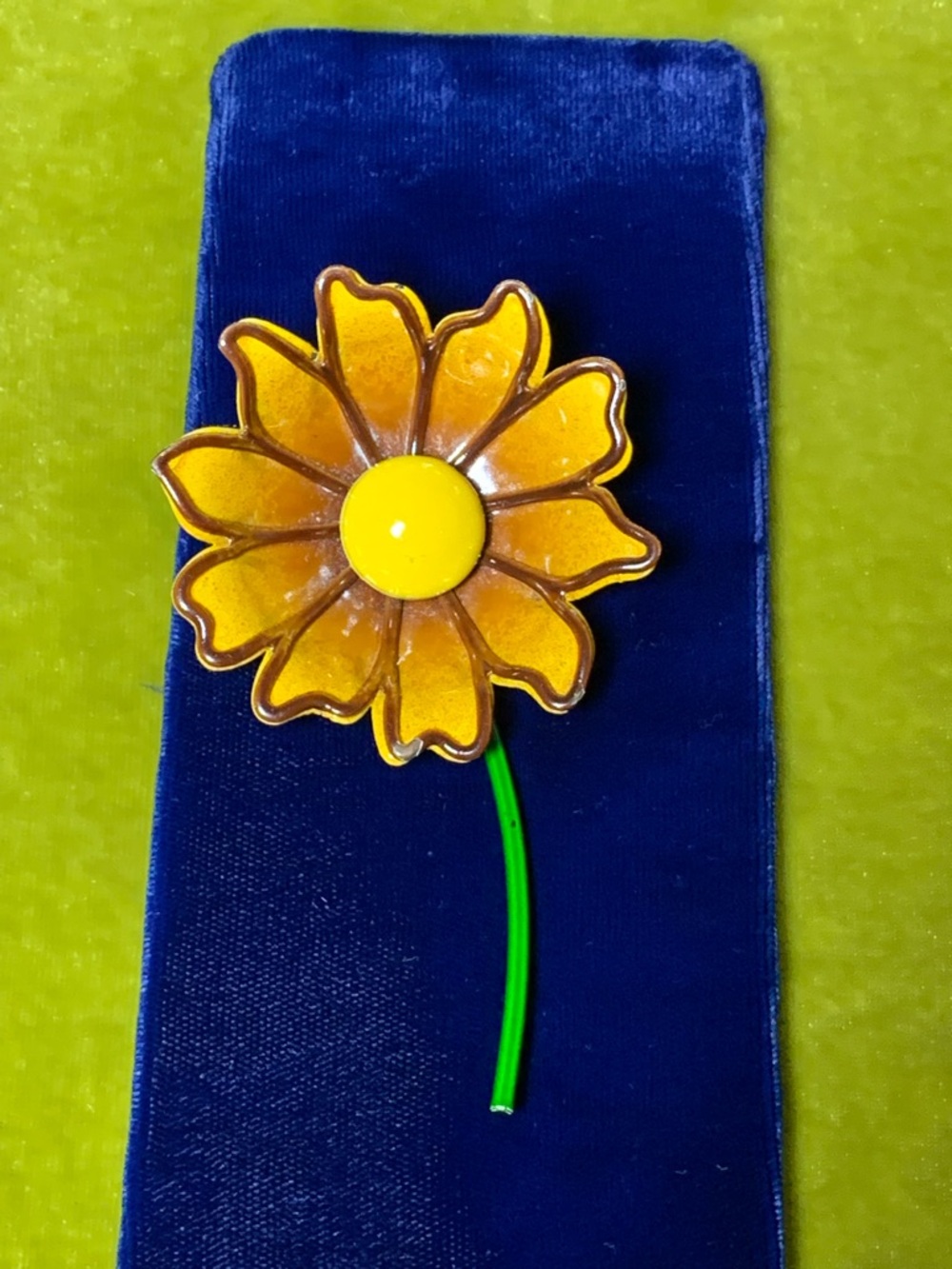 Fab Vintage Enamel Yellow Flower Brooch with Green Stem